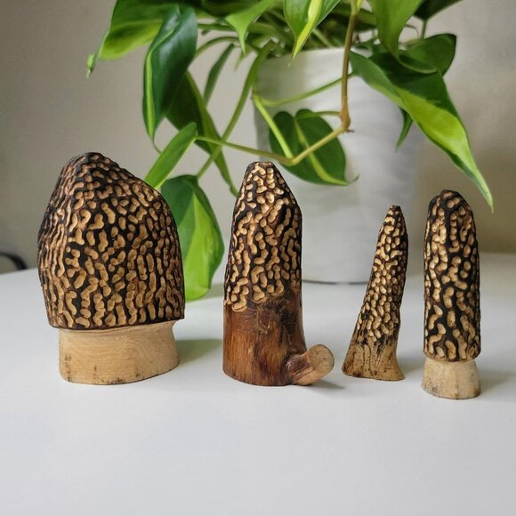 Set of 4 Morel Mushroom Wood Carved Merchroom Forage Mantle Outdoors Fungi Art - Picture 9 of 11